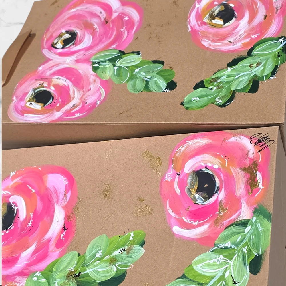 Set Of Three Gift Bags Hand Painted Hand Crafted Pink Floral C64